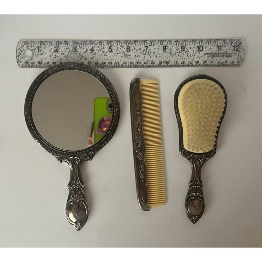Vintage Silver-Plated Vanity Set Mirror Brush Comb Dressing Table Set - Picture 9 of 12